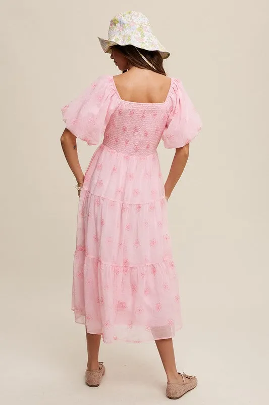 Ballerina Pink Flower Embroidered Puff Sleeve Tiered Maxi Dress