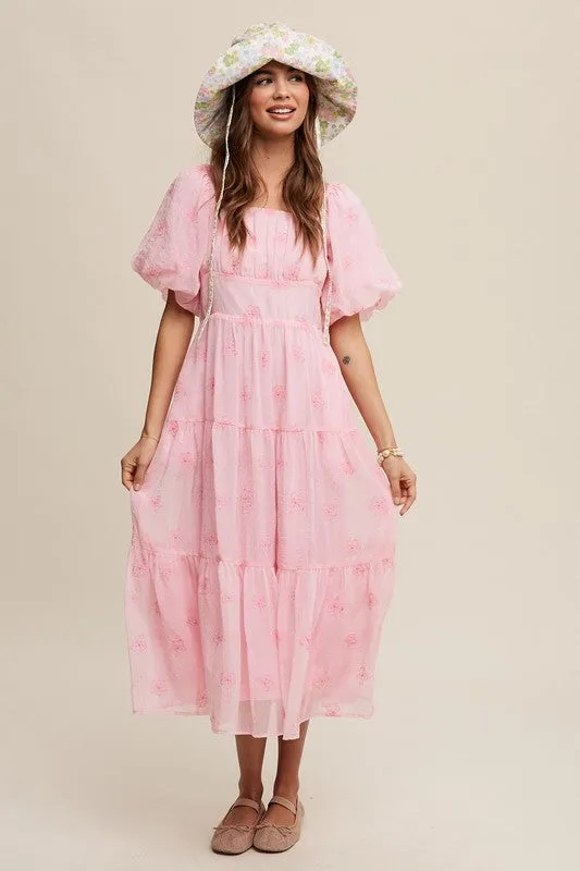 Ballerina Pink Flower Embroidered Puff Sleeve Tiered Maxi Dress