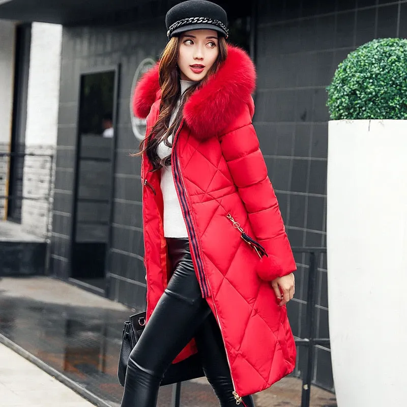 Big fur winter coat thickened parka women stitching slim long winter coat down cotton ladies down parka down jacket women 2018