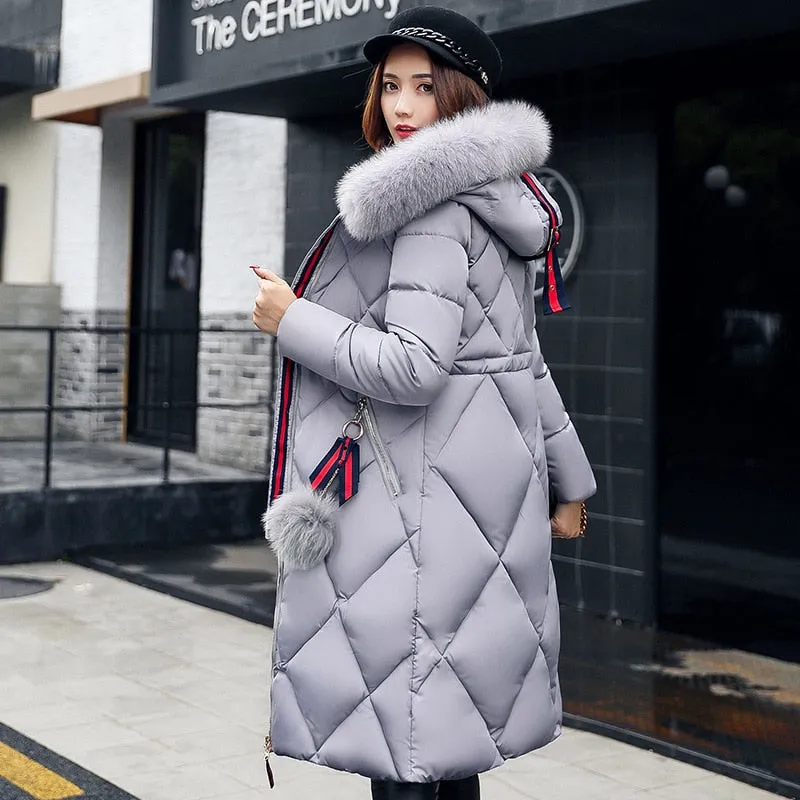 Big fur winter coat thickened parka women stitching slim long winter coat down cotton ladies down parka down jacket women 2018