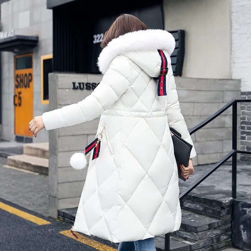 Big fur winter coat thickened parka women stitching slim long winter coat down cotton ladies down parka down jacket women 2018