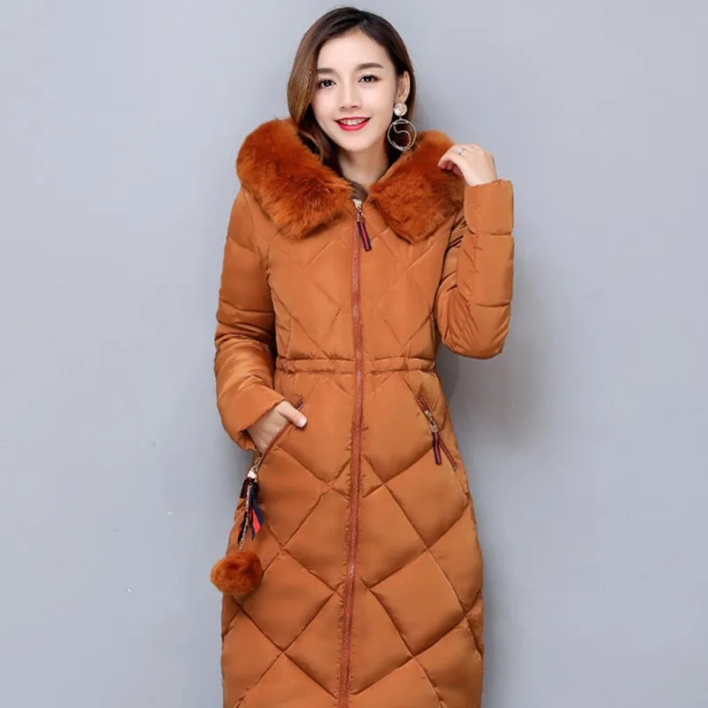 Big fur winter coat thickened parka women stitching slim long winter coat down cotton ladies down parka down jacket women 2018