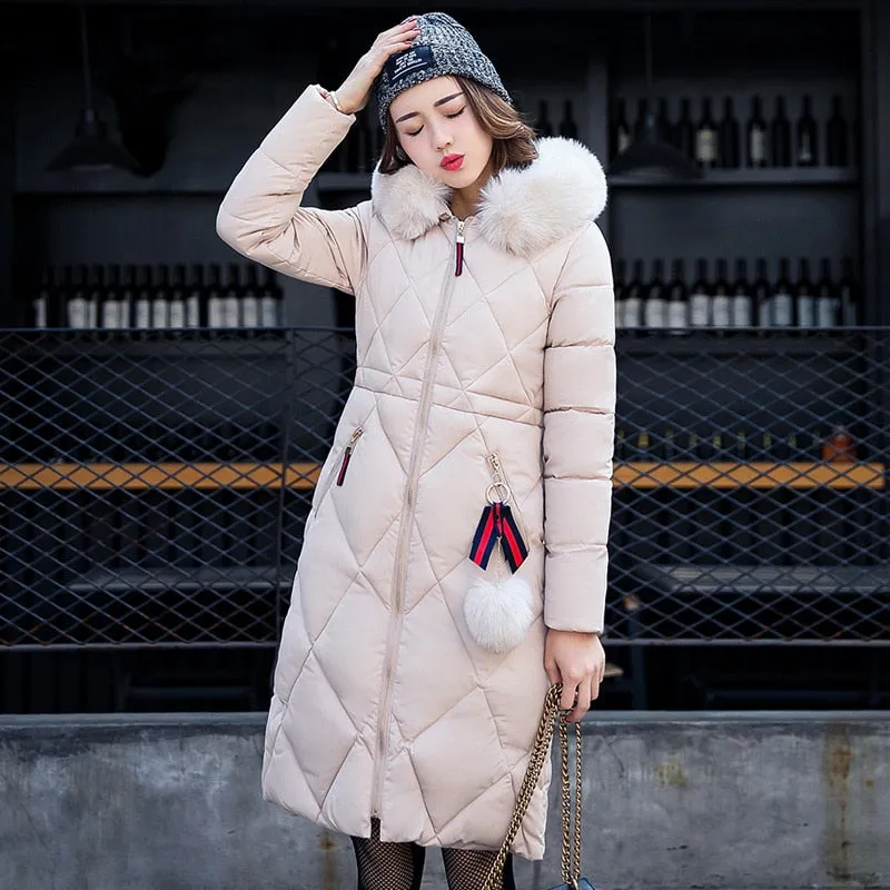 Big fur winter coat thickened parka women stitching slim long winter coat down cotton ladies down parka down jacket women 2018