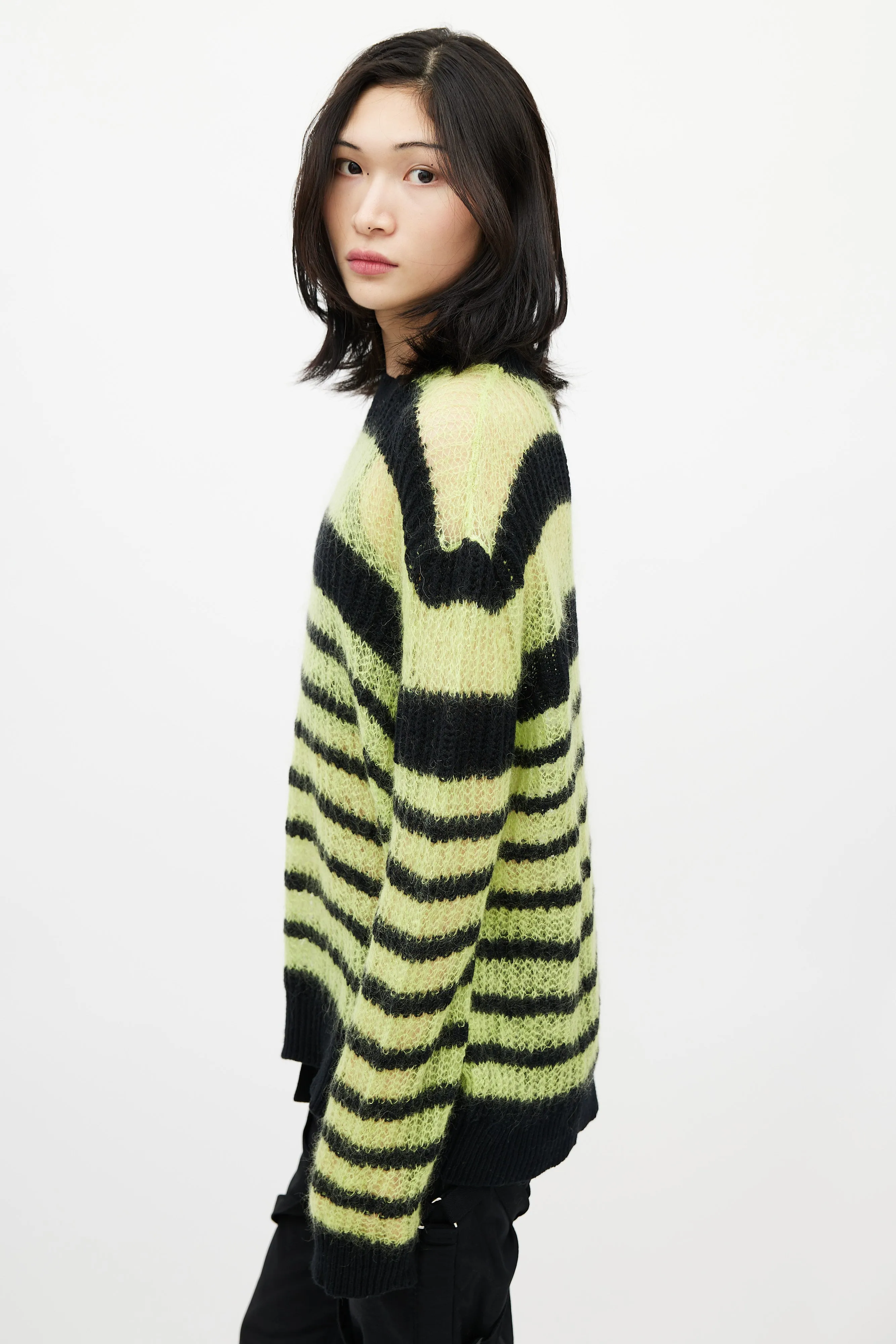 Black & Green Striped Mohair Knit Sweater