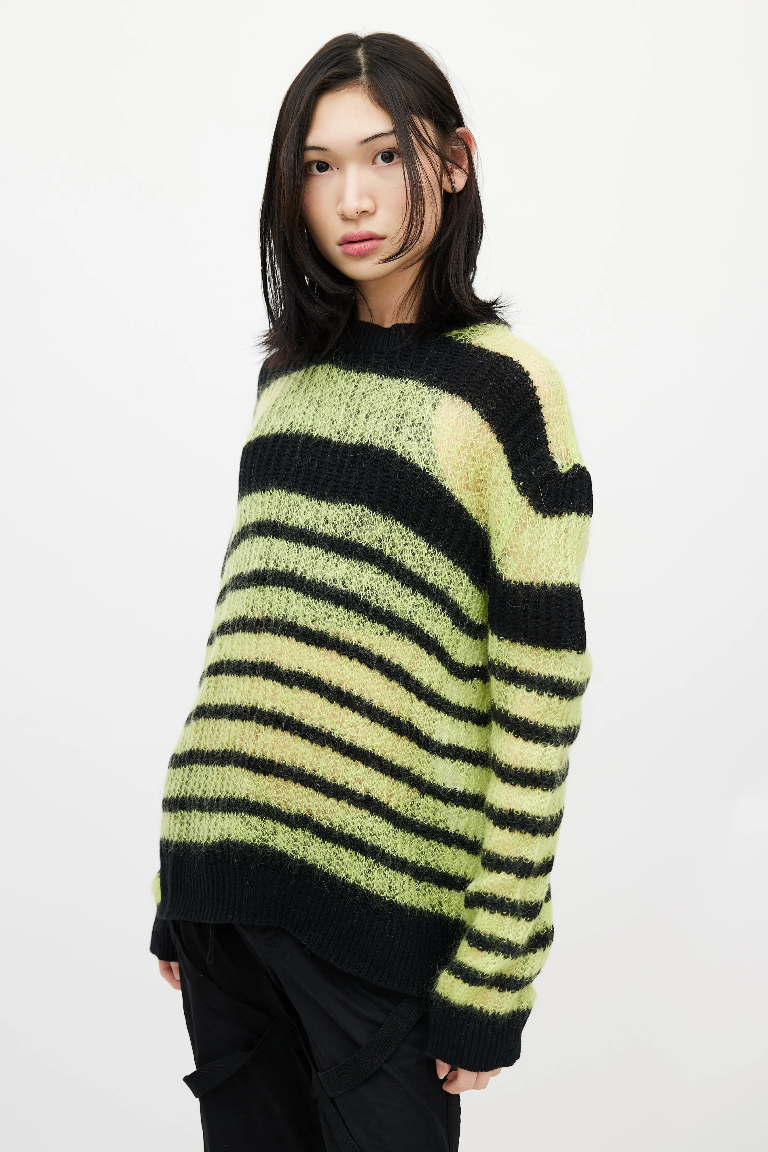 Black & Green Striped Mohair Knit Sweater