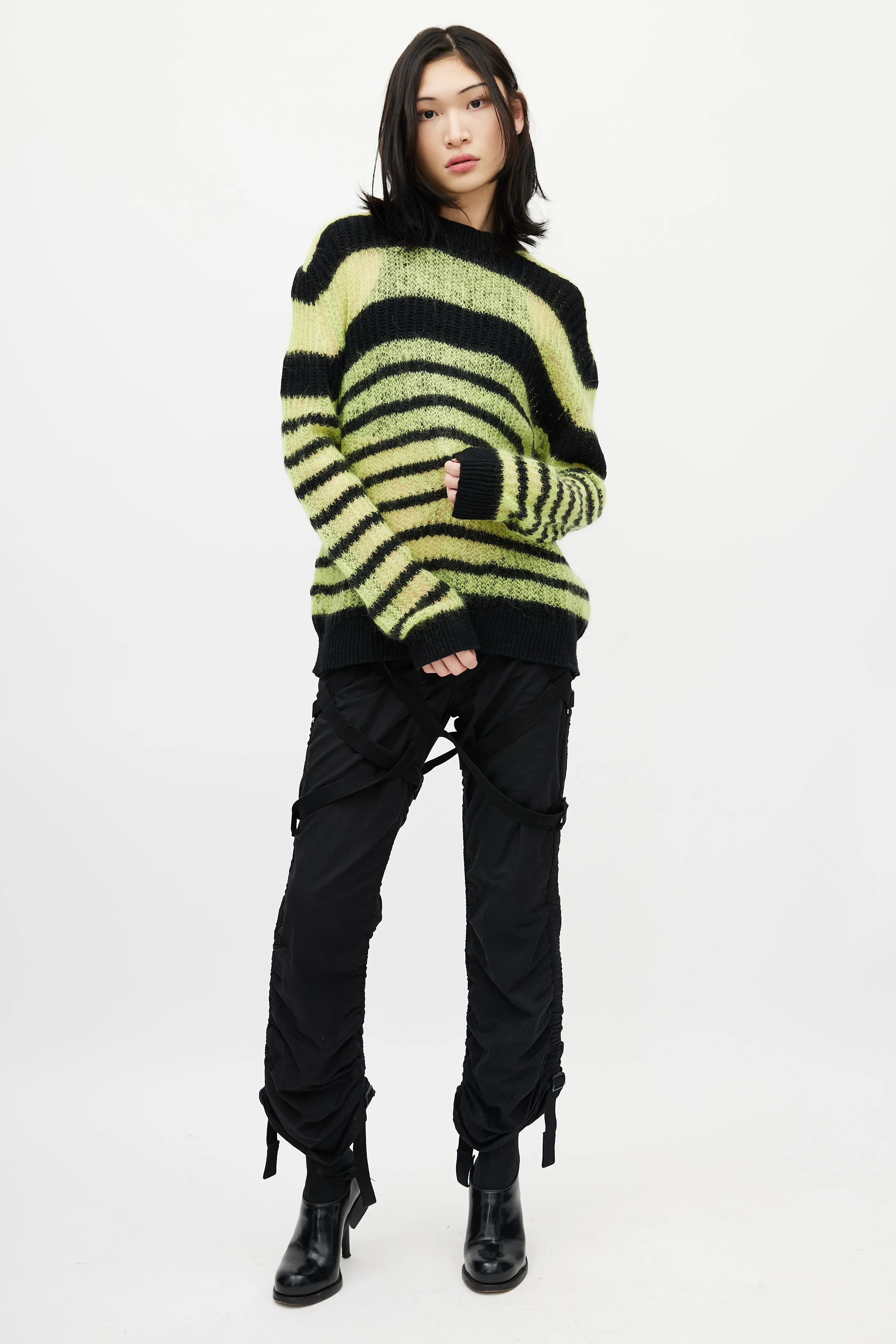 Black & Green Striped Mohair Knit Sweater