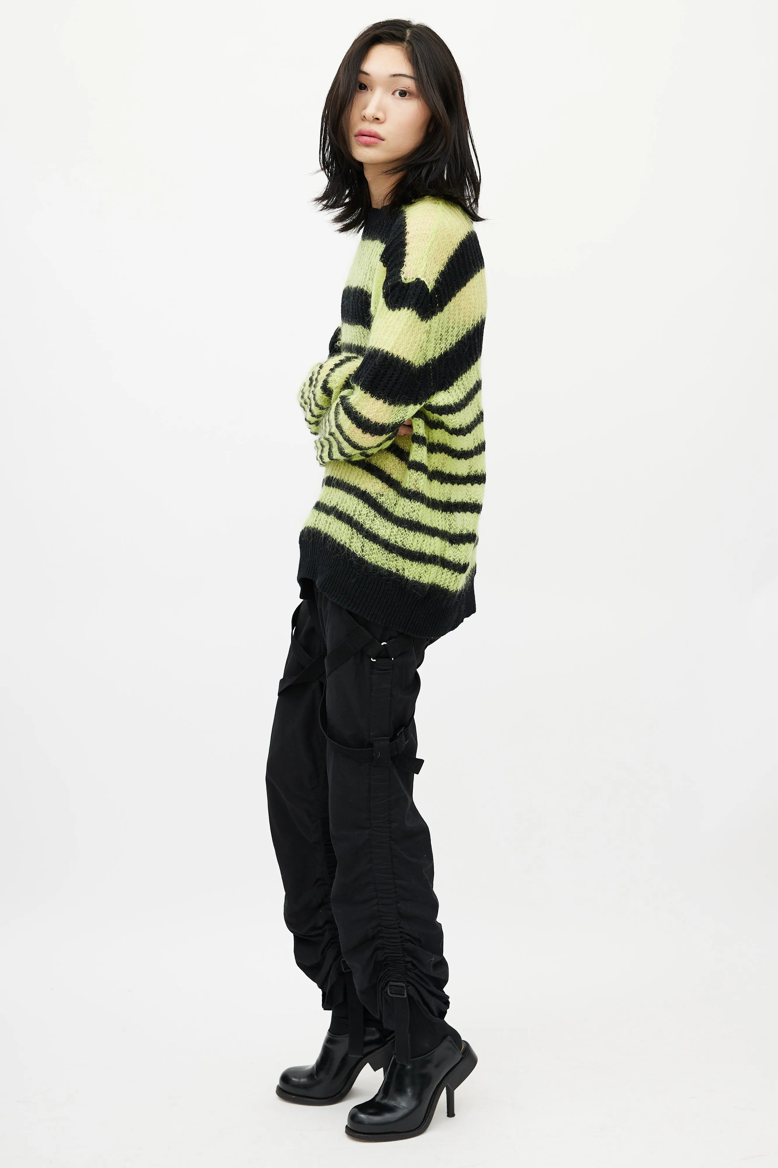 Black & Green Striped Mohair Knit Sweater