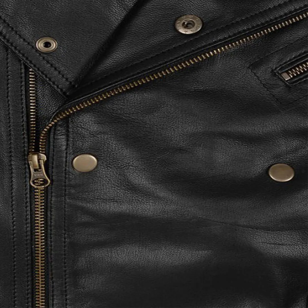 Black Leather Biker Jacket with Notched Collar