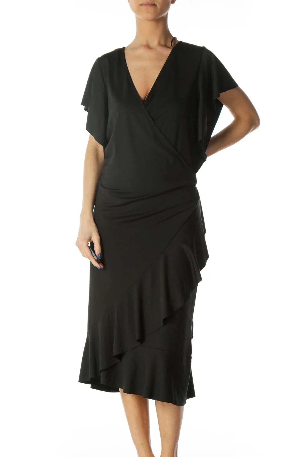 Black V-Neck Flare Details Light Wrap Dress