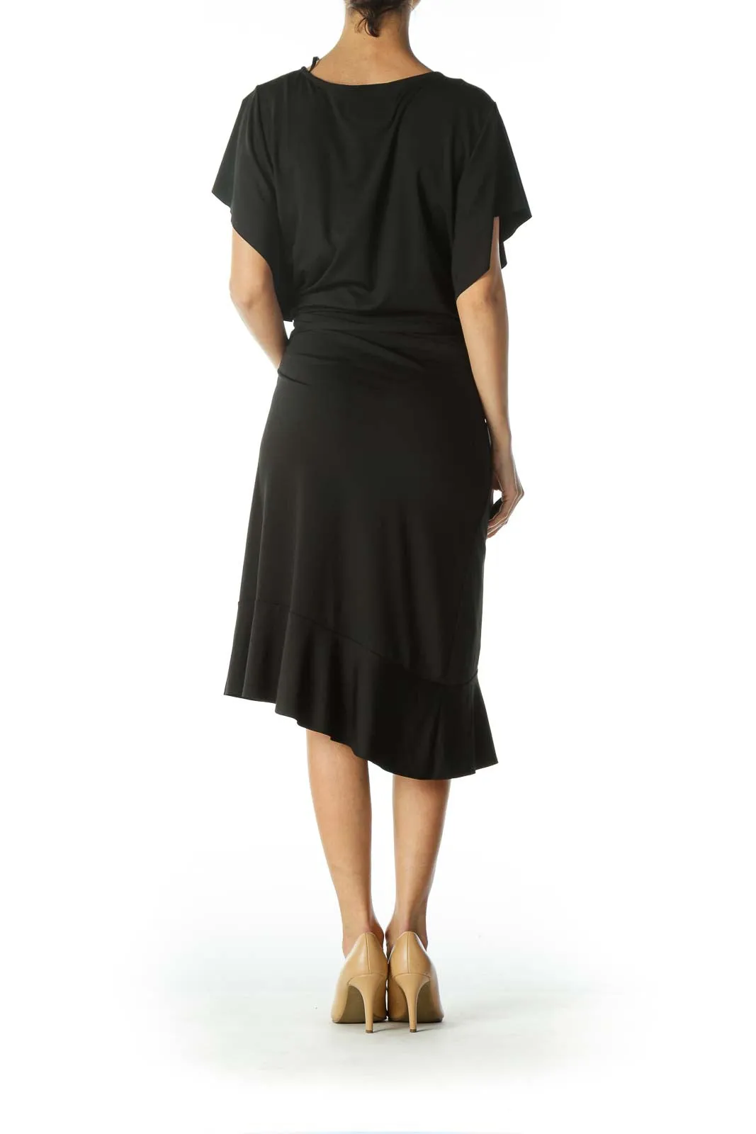 Black V-Neck Flare Details Light Wrap Dress