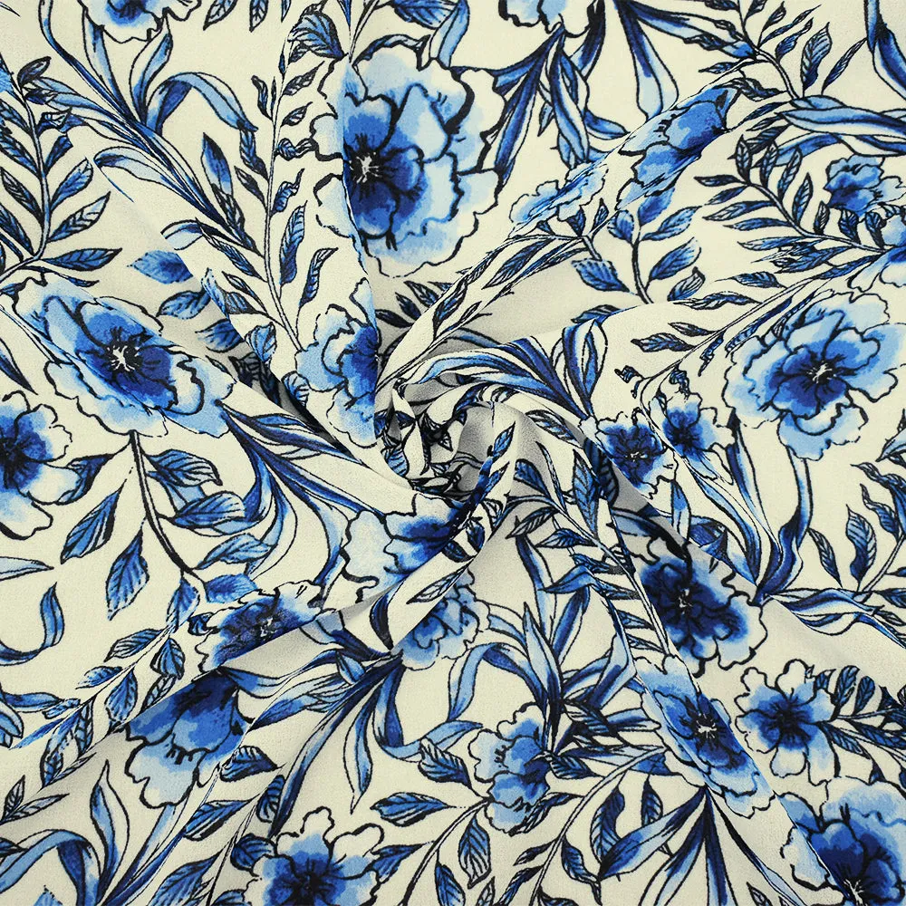 Blue-Ivory-Black Floral Printed Poly Chiffon Woven Fabric