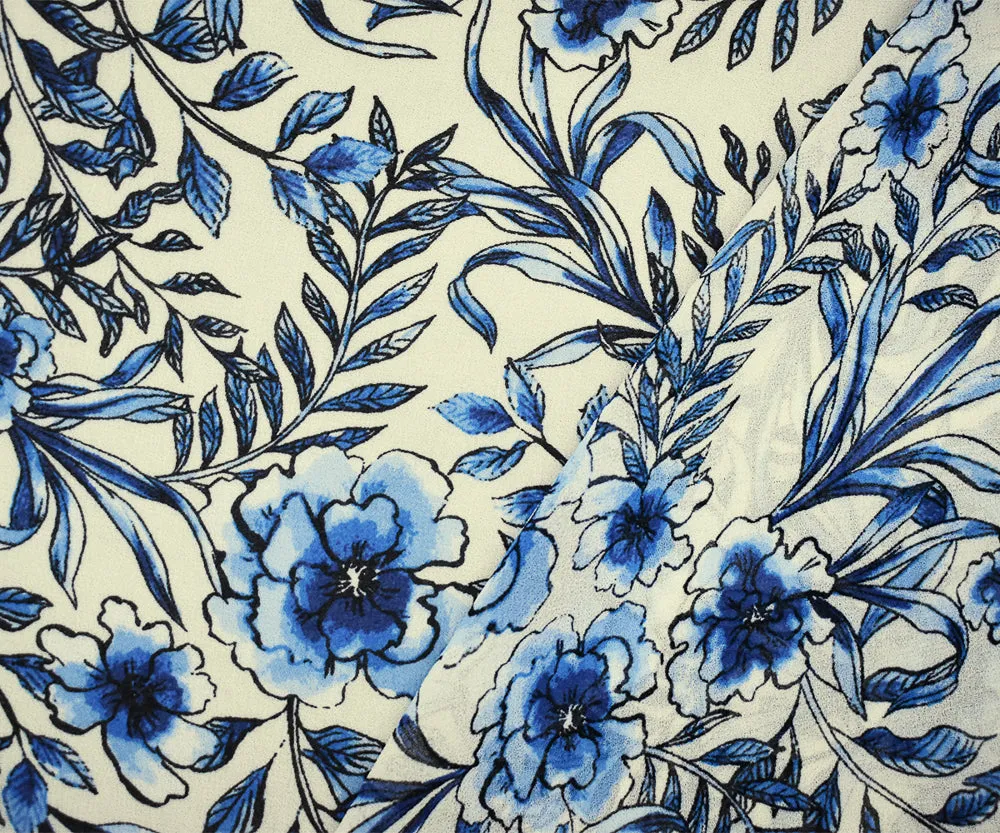 Blue-Ivory-Black Floral Printed Poly Chiffon Woven Fabric