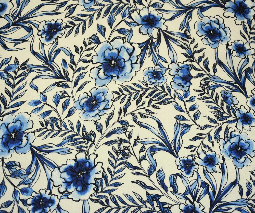 Blue-Ivory-Black Floral Printed Poly Chiffon Woven Fabric