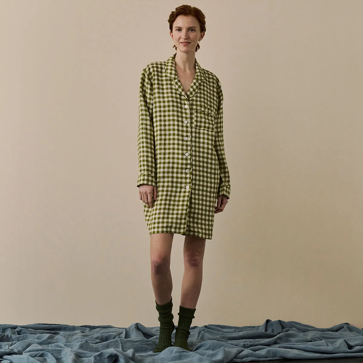 Botanical Green Gingham Linen Night Shirt