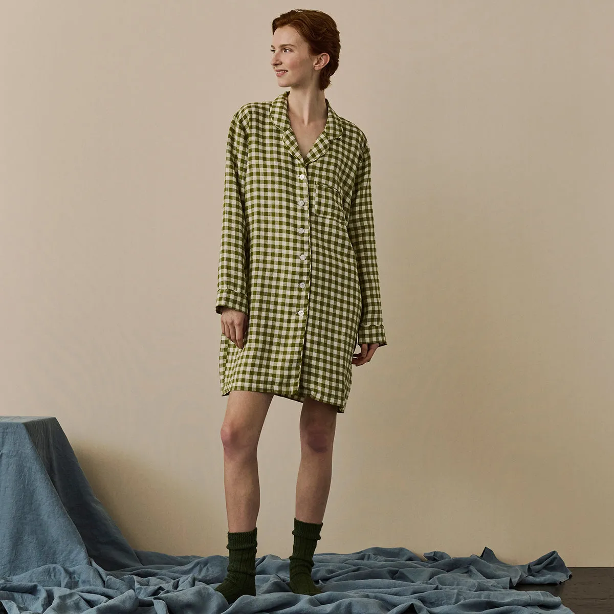 Botanical Green Gingham Linen Night Shirt