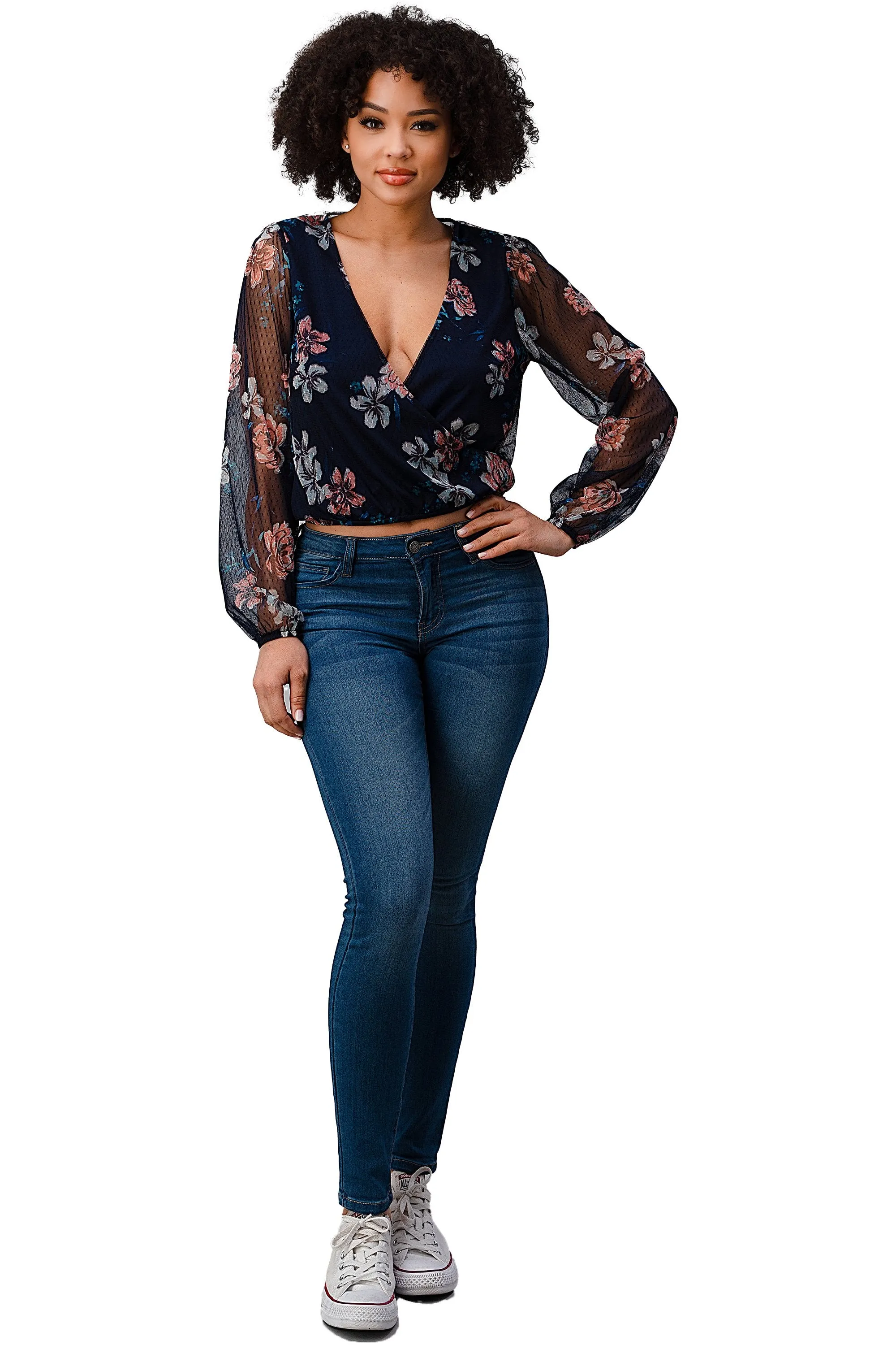 Dot Mesh Floral Surplice Long Sleeve Blouse Top