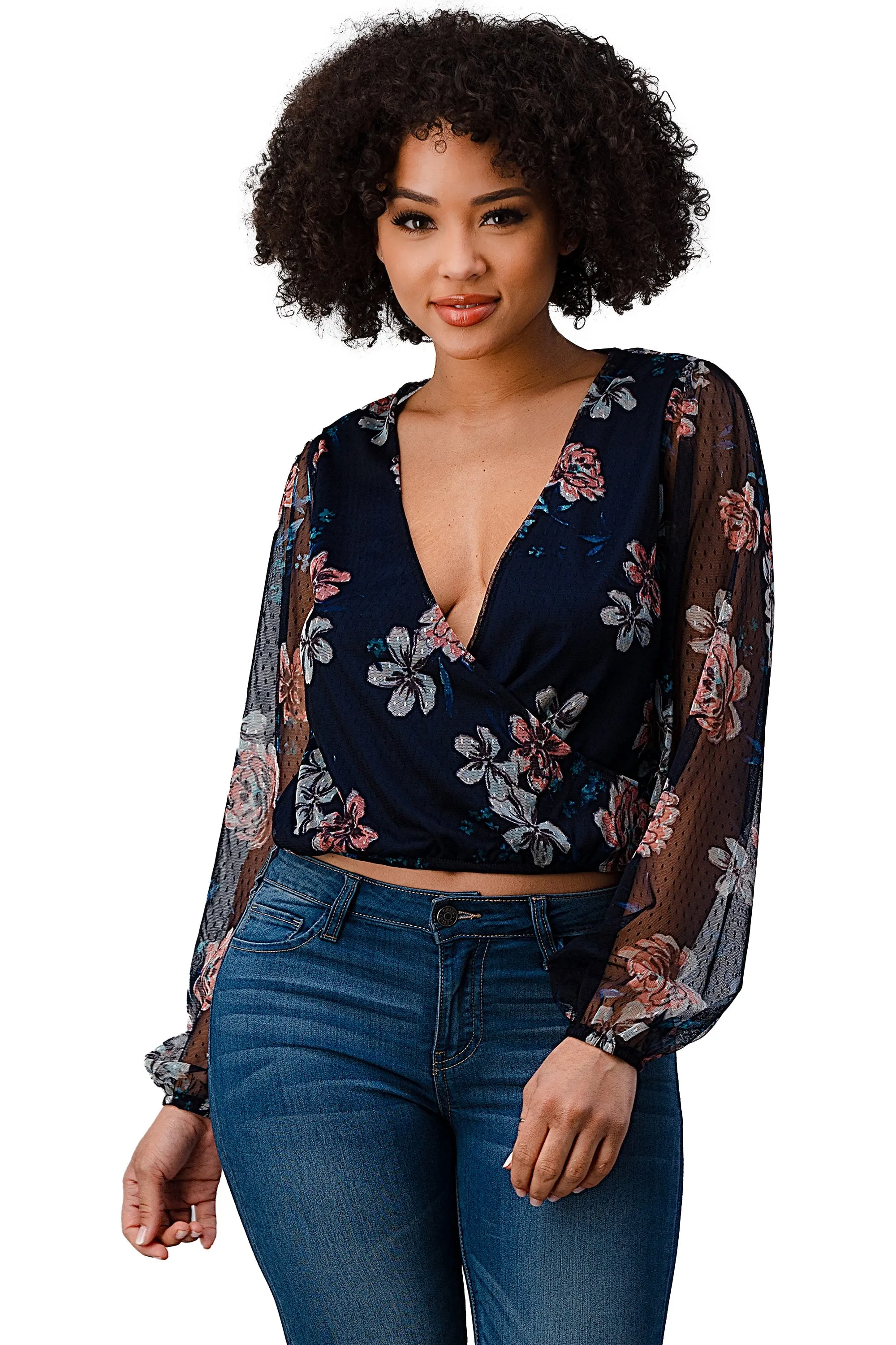 Dot Mesh Floral Surplice Long Sleeve Blouse Top