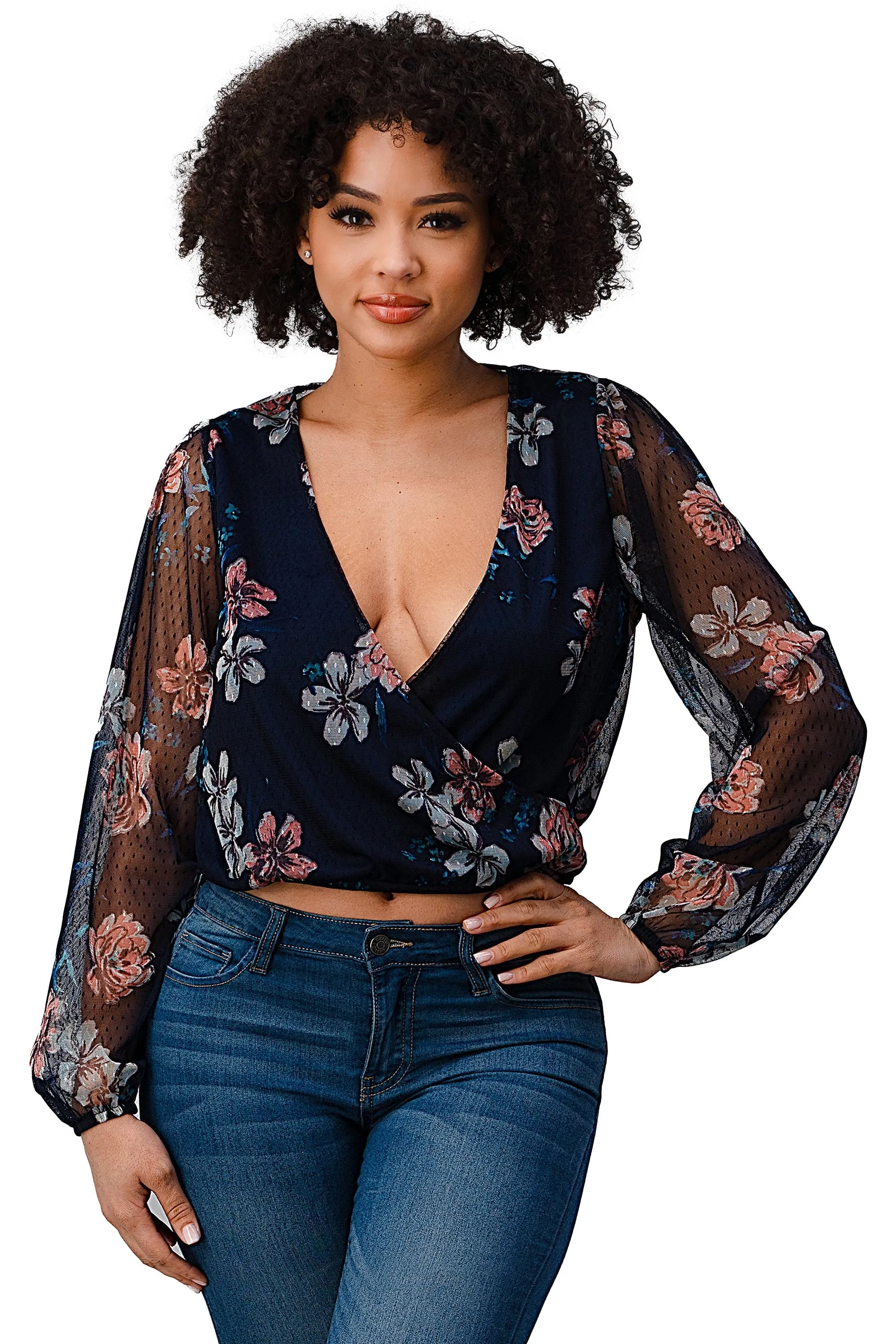 Dot Mesh Floral Surplice Long Sleeve Blouse Top