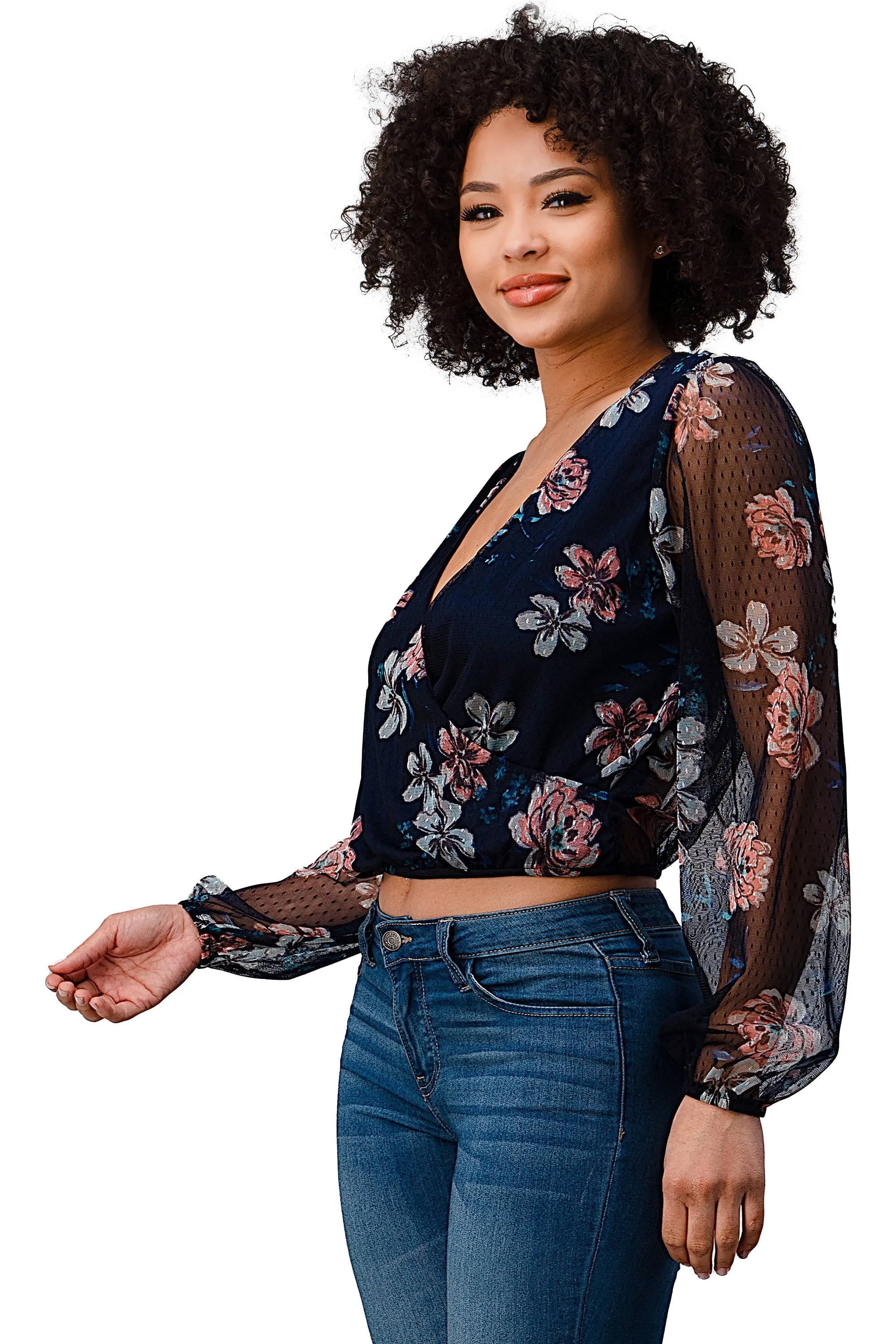 Dot Mesh Floral Surplice Long Sleeve Blouse Top