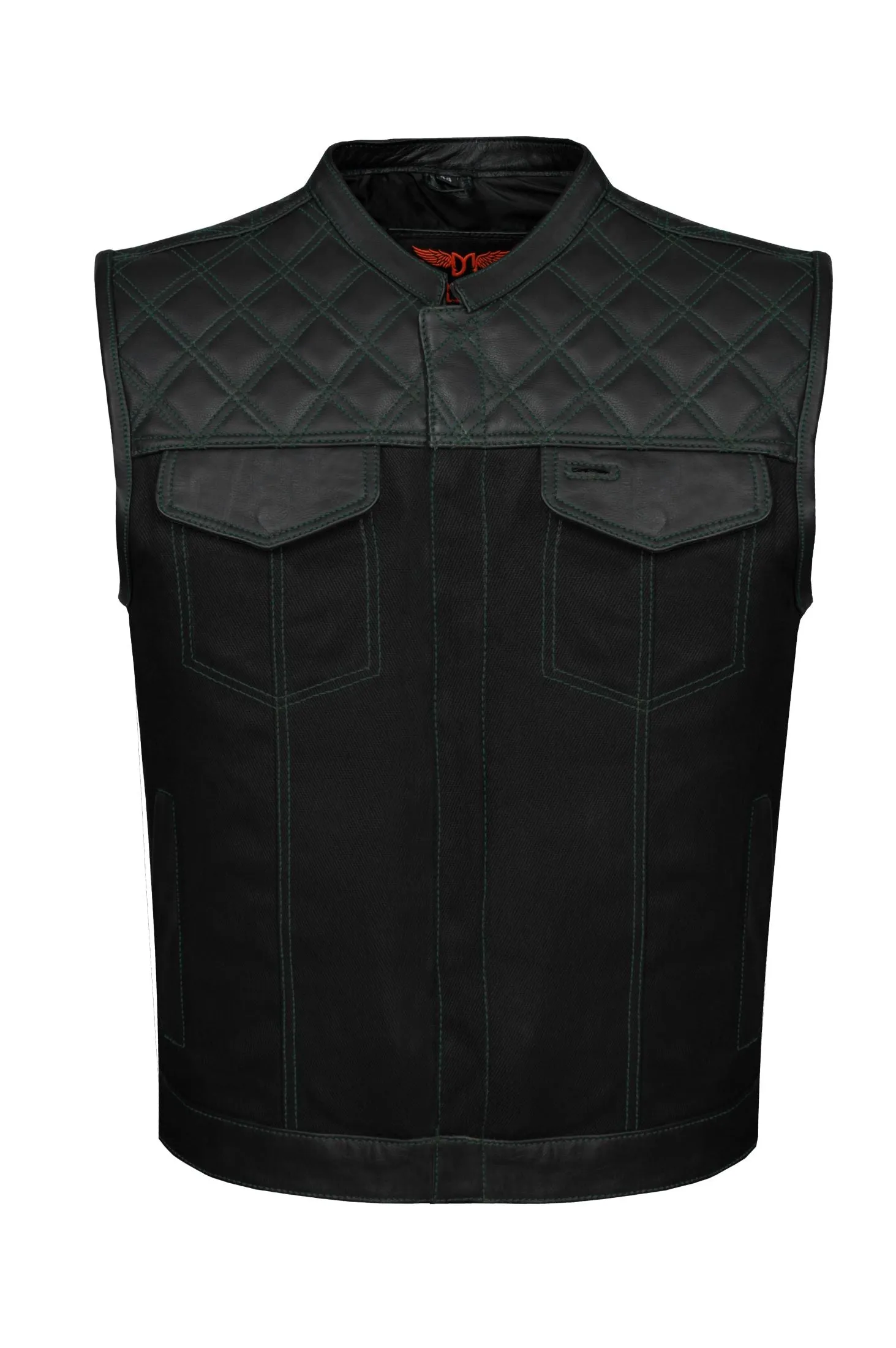 Dream Apparel Mens Black Club Vest Diamond Design Green Thread Leather & Denim