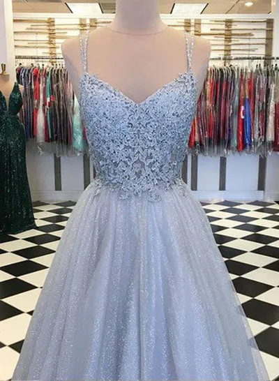 Elegant Light Blue Tulle V-neck Spaghetti Straps Lace Long Prom Dresses, SP629