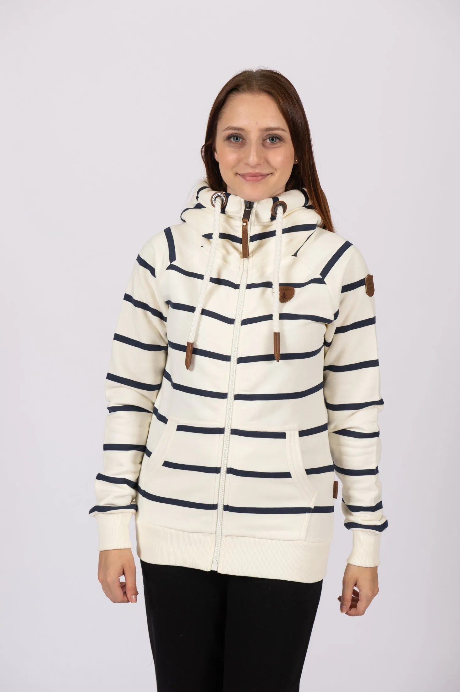 Hera Print Wide Stripe Oatmeal Full-Zip Hoodie