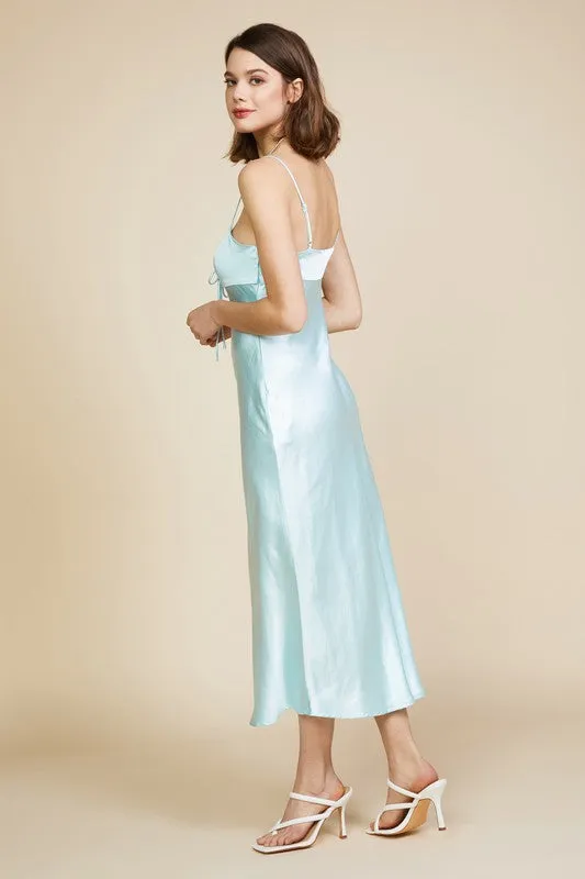 Ice Blue Satin Tie Bust Midi Dress