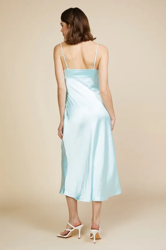 Ice Blue Satin Tie Bust Midi Dress