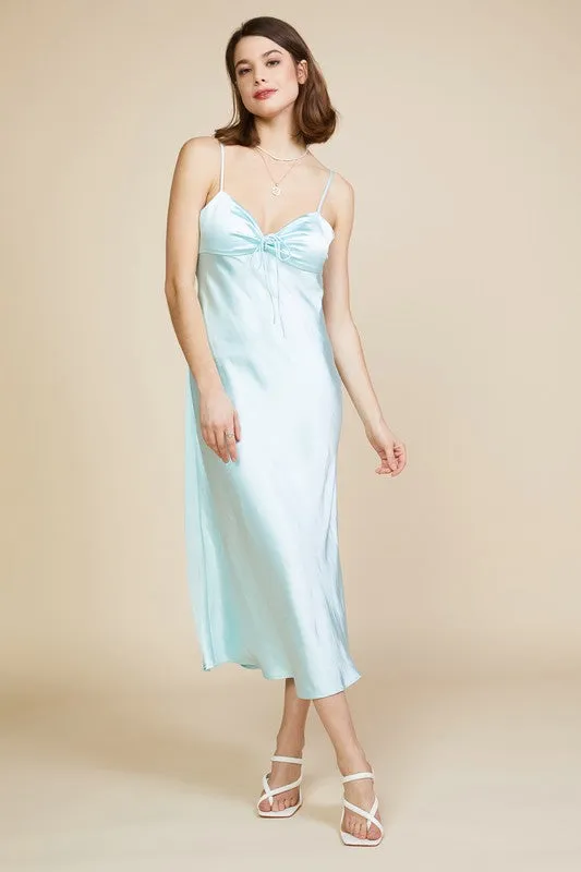 Ice Blue Satin Tie Bust Midi Dress