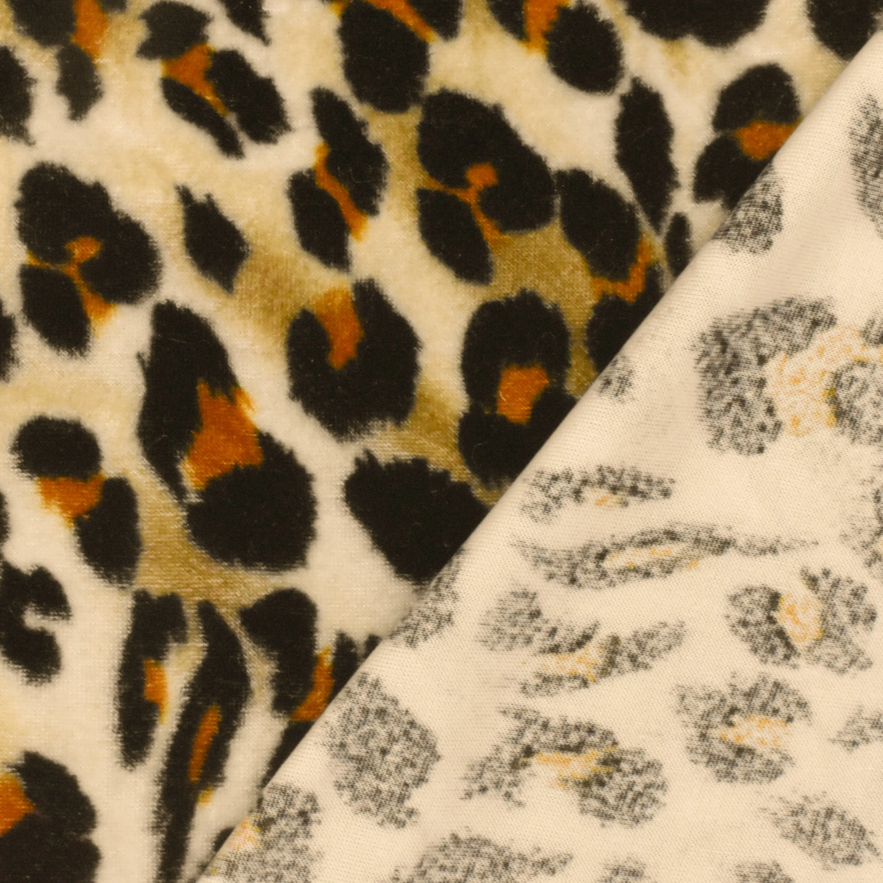 Light Beige-Black-Multi Cheetah Print Stretch Polyester Velvet Knit Fabric