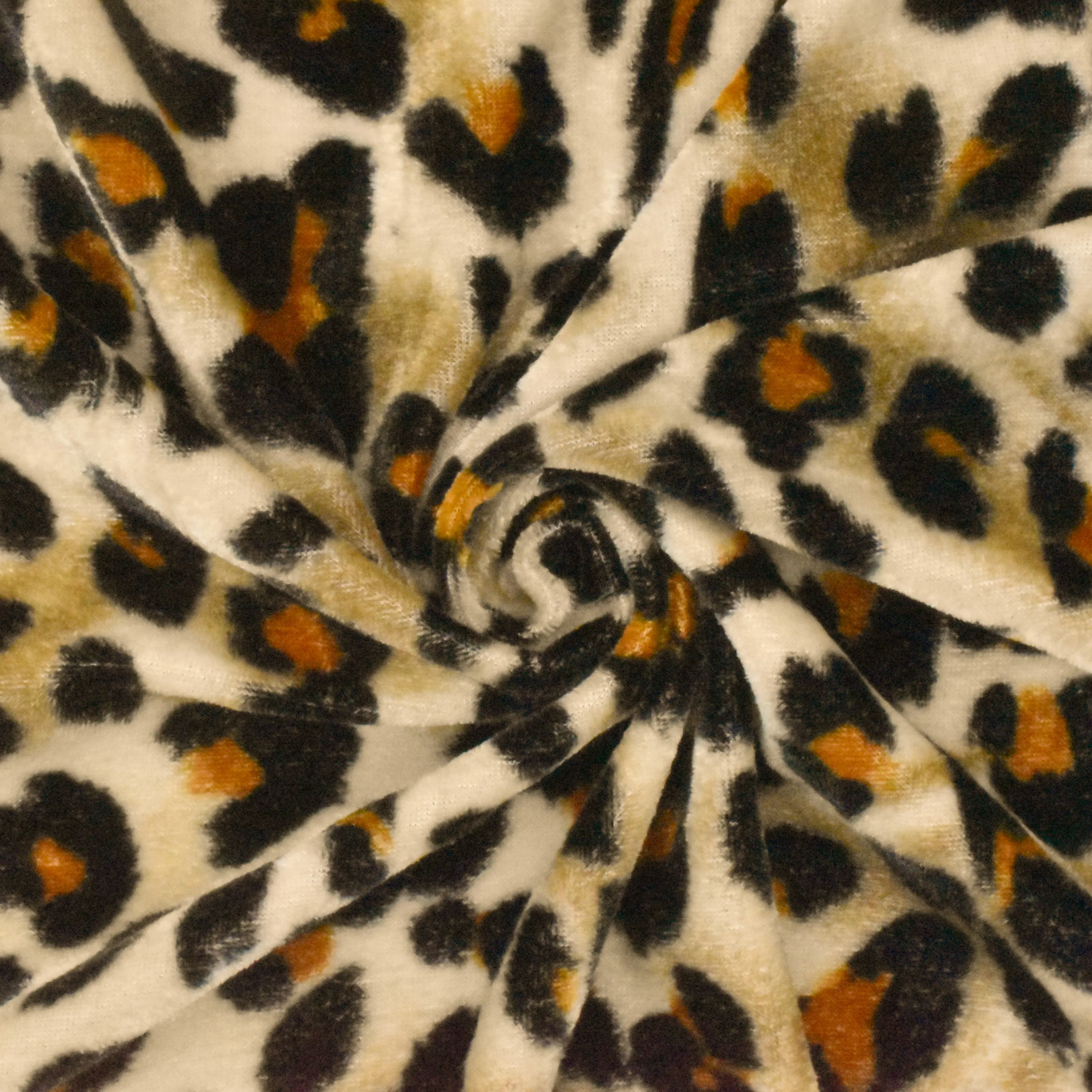 Light Beige-Black-Multi Cheetah Print Stretch Polyester Velvet Knit Fabric