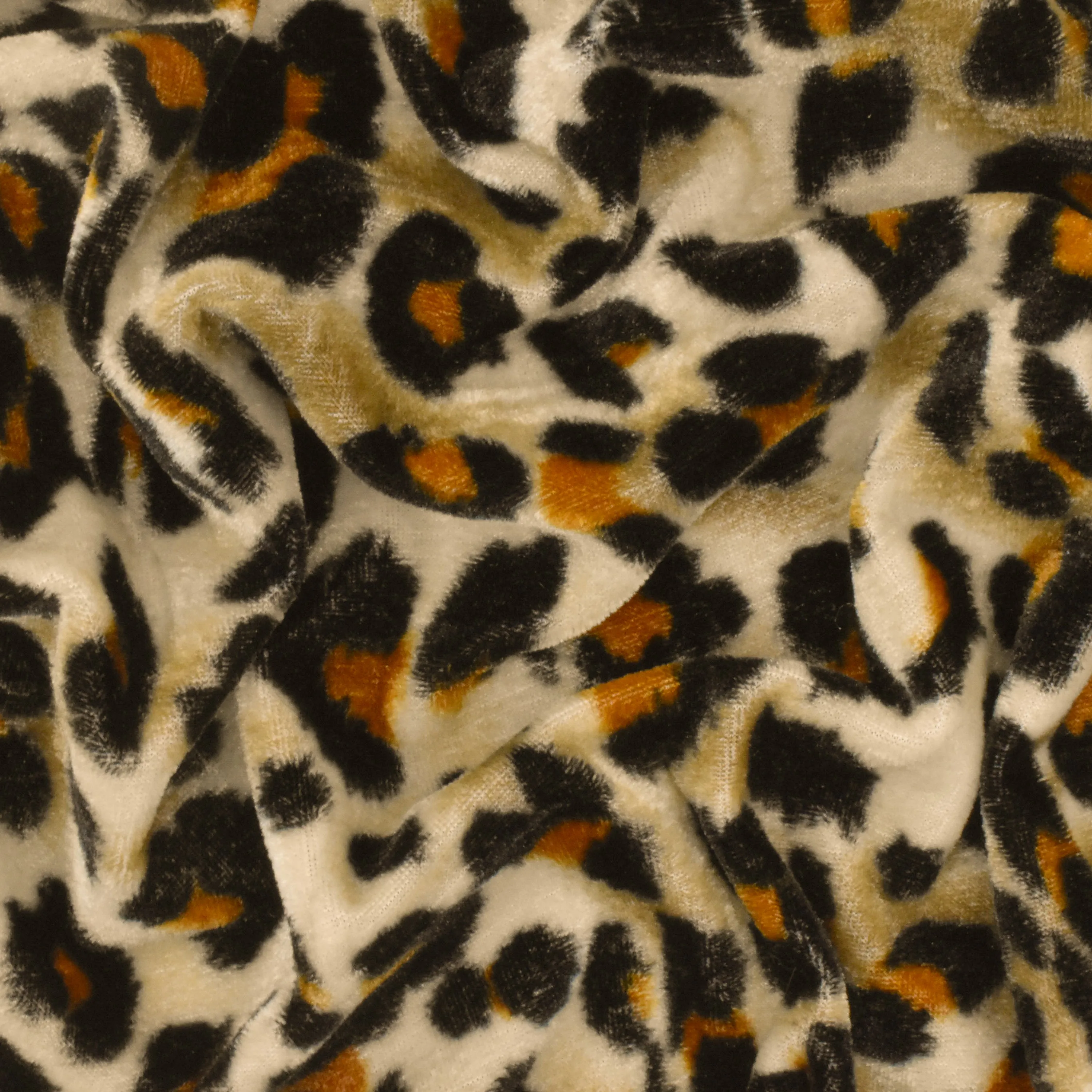 Light Beige-Black-Multi Cheetah Print Stretch Polyester Velvet Knit Fabric