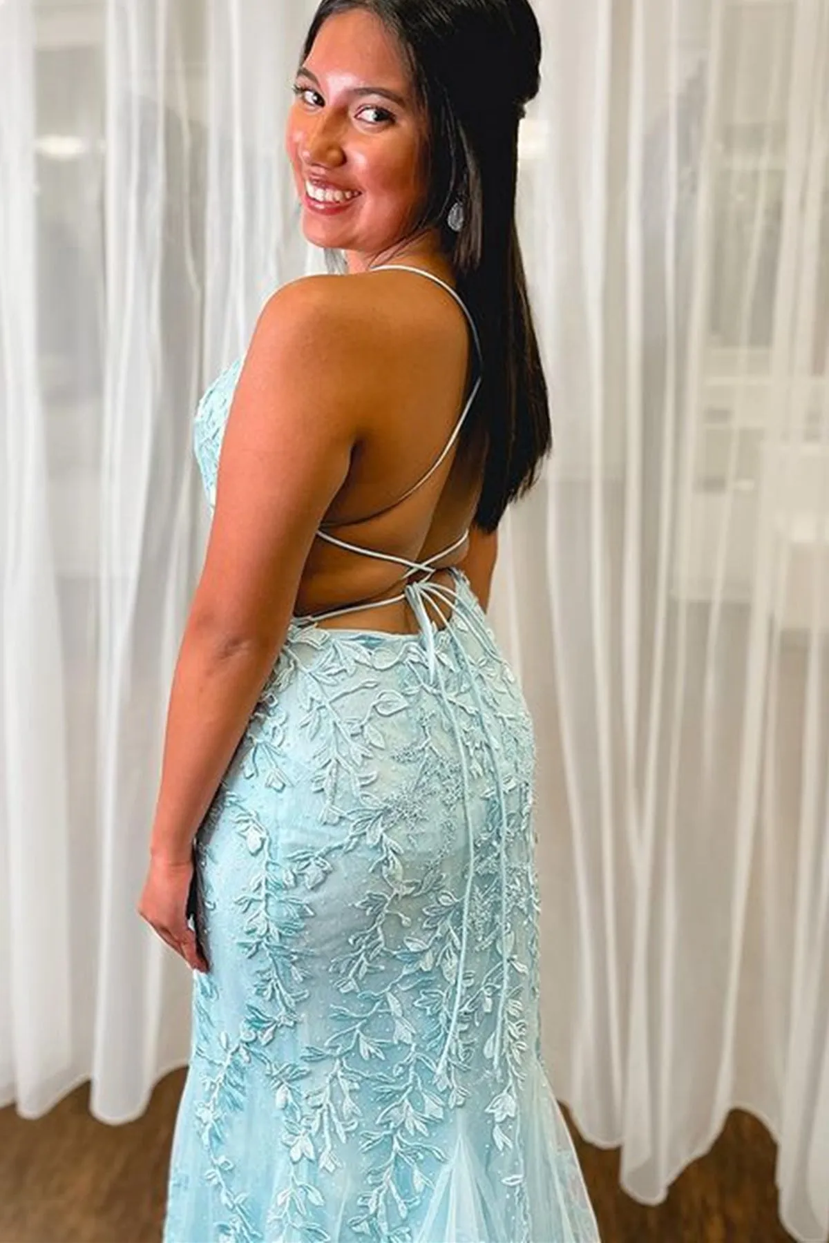 Light Blue Lace Backless Mermaid Long Prom Dresses, Light Blue Lace Formal Dresses, Light Blue Evening Dresses WT1208