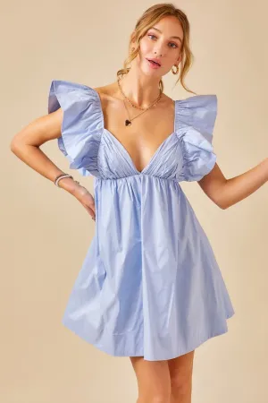 Light Blue Ruffle Detail Tie Back Poplin Dress