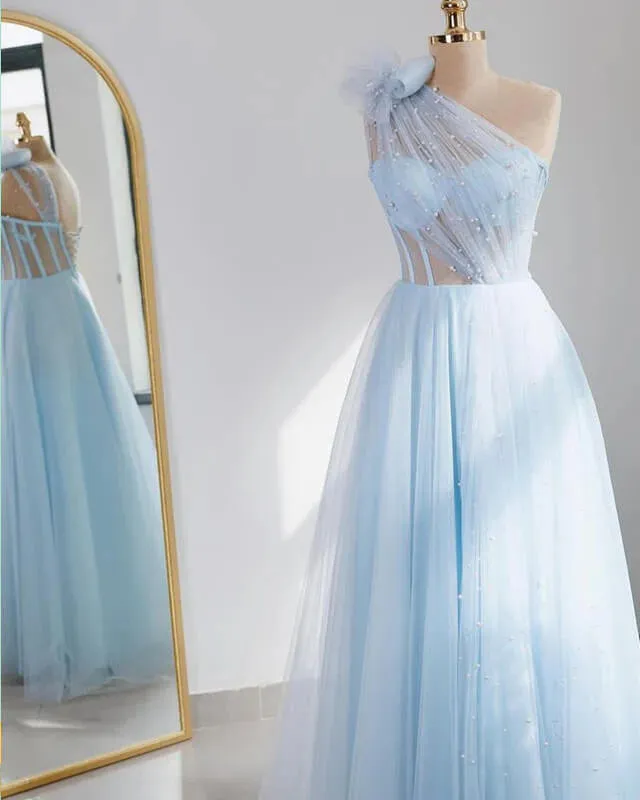 Light Blue Tulle One Shoulder Dress A-Line Princess Prom Dresses