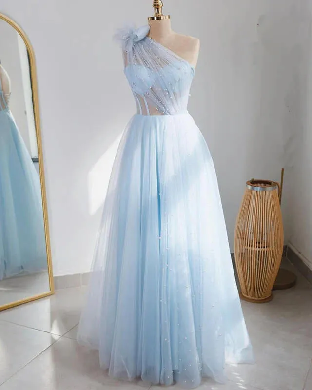 Light Blue Tulle One Shoulder Dress A-Line Princess Prom Dresses