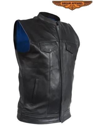 Mens Leather Motorcycle Vest With Blue Liner