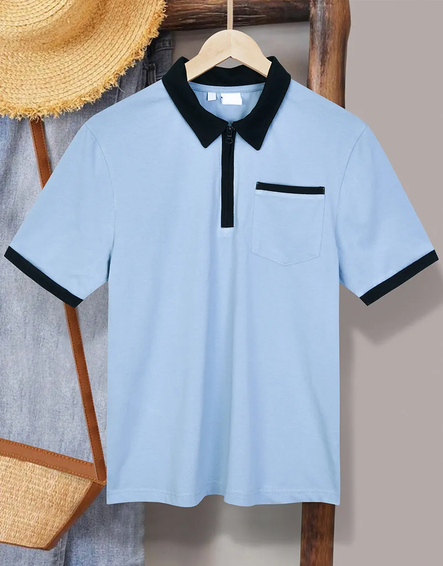 Men's Zipper Polo Shirts - Baby Blue