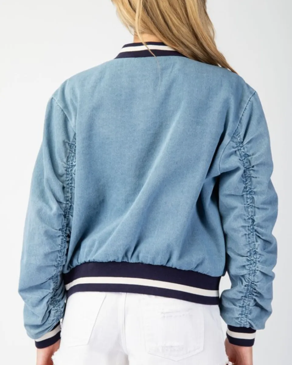 MINERAL WASHED DENIM VARSITY JACKET