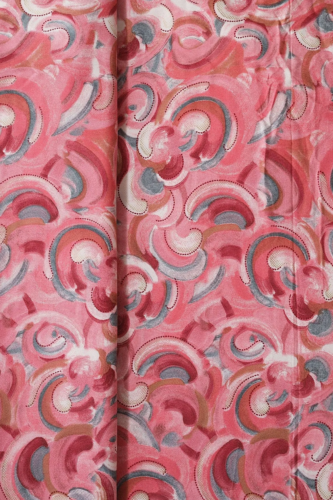 Multi Color Abstract Pattern With Foil Print On Light Pink Pure Rayon Fabric