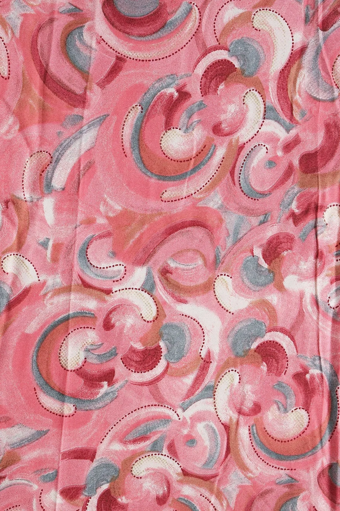 Multi Color Abstract Pattern With Foil Print On Light Pink Pure Rayon Fabric