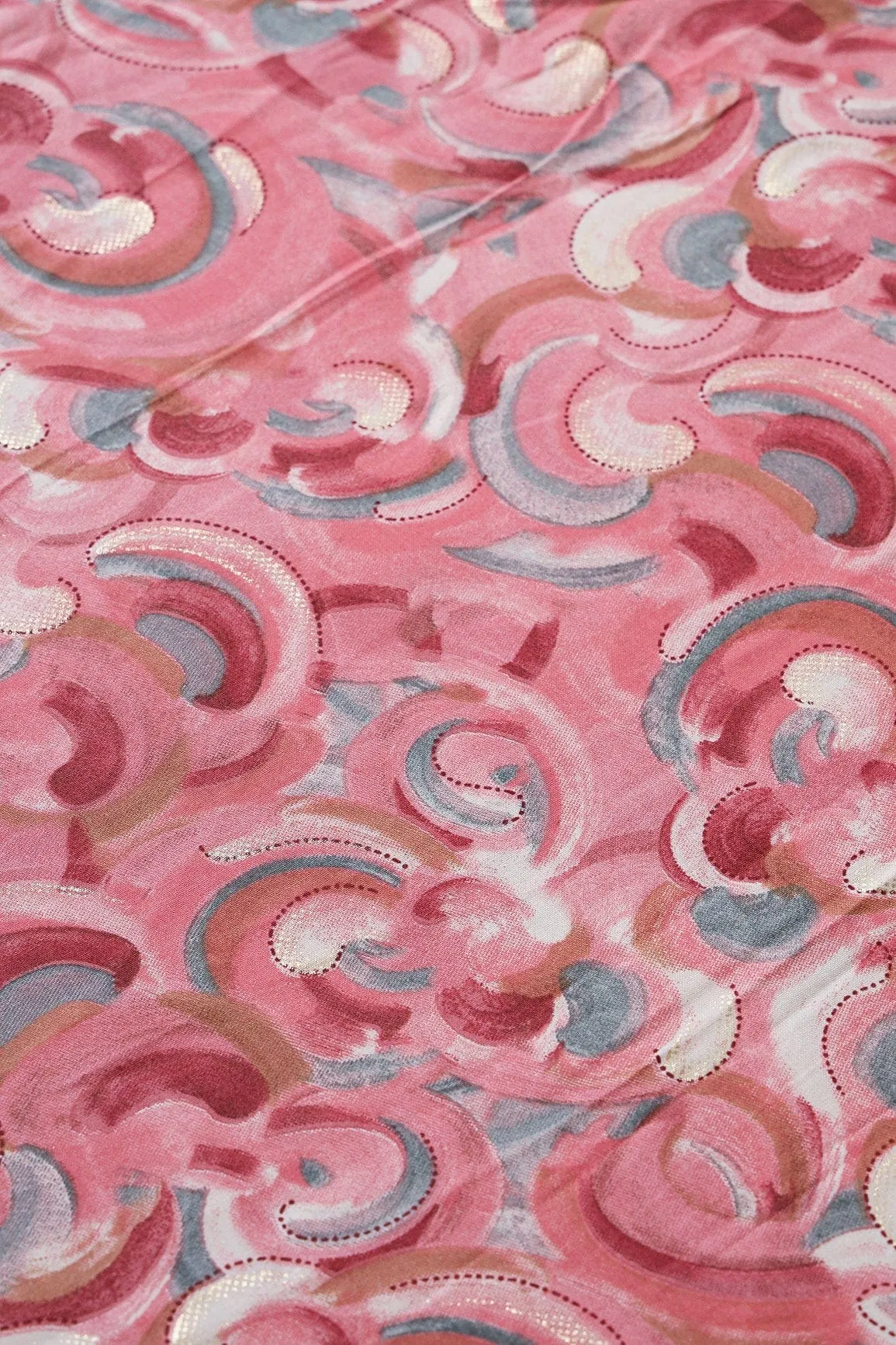 Multi Color Abstract Pattern With Foil Print On Light Pink Pure Rayon Fabric