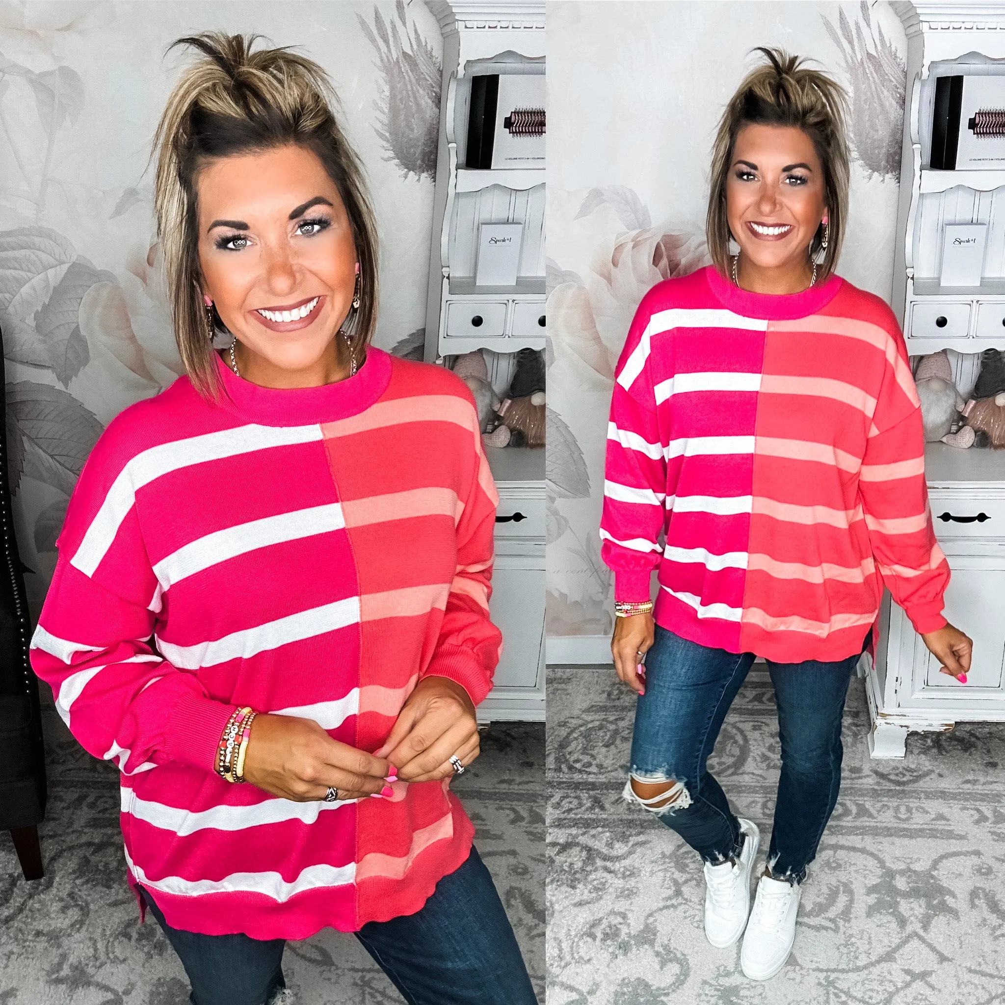 Not Playing Games Striped Sweater - Coral/Magenta