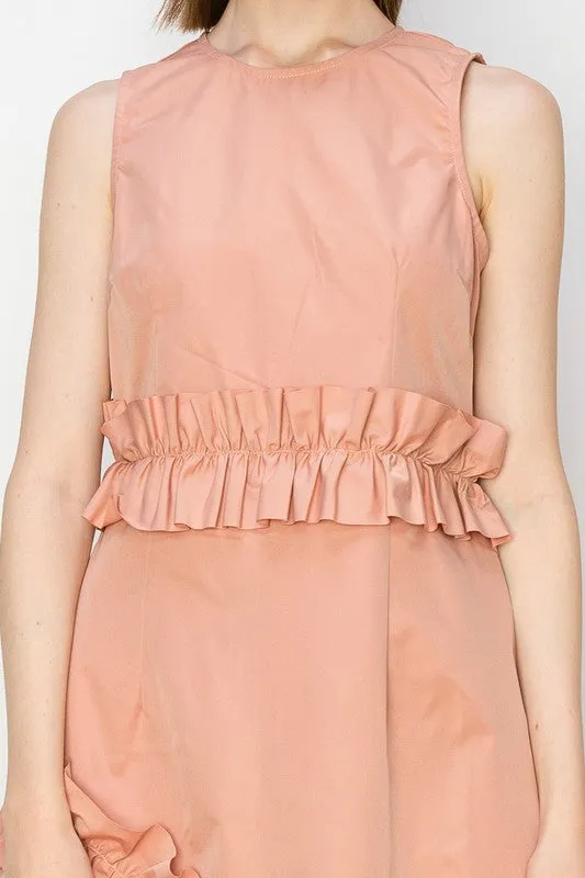 Peach Frill Sleeveless Midi Dress