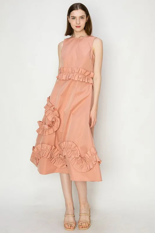 Peach Frill Sleeveless Midi Dress