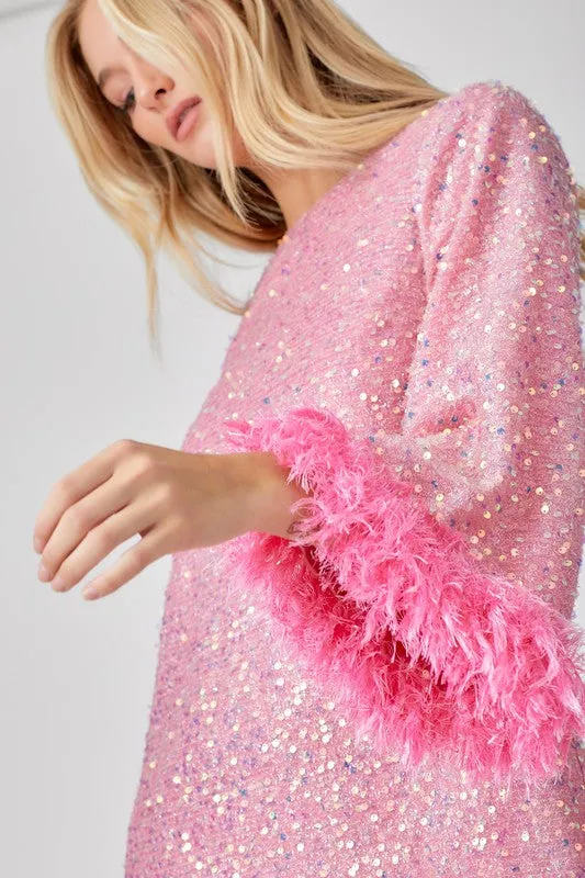 Pink Sequins Mini Dress With Feather Sleeve Detail