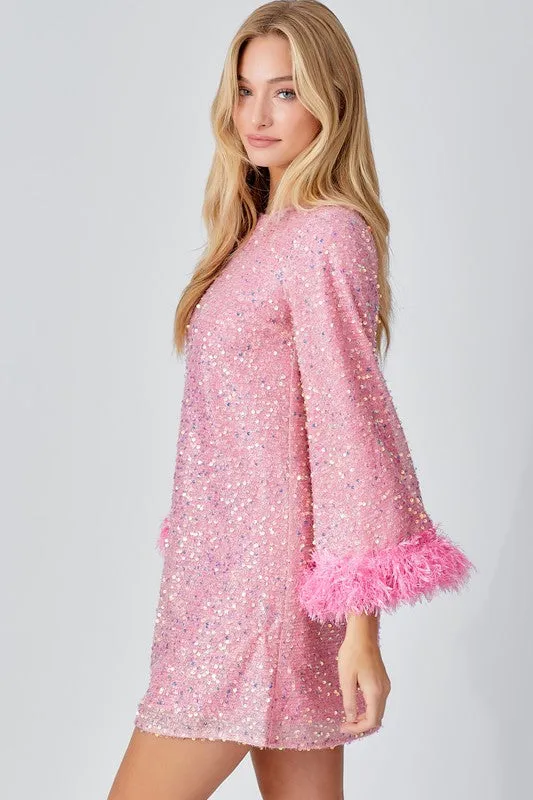 Pink Sequins Mini Dress With Feather Sleeve Detail