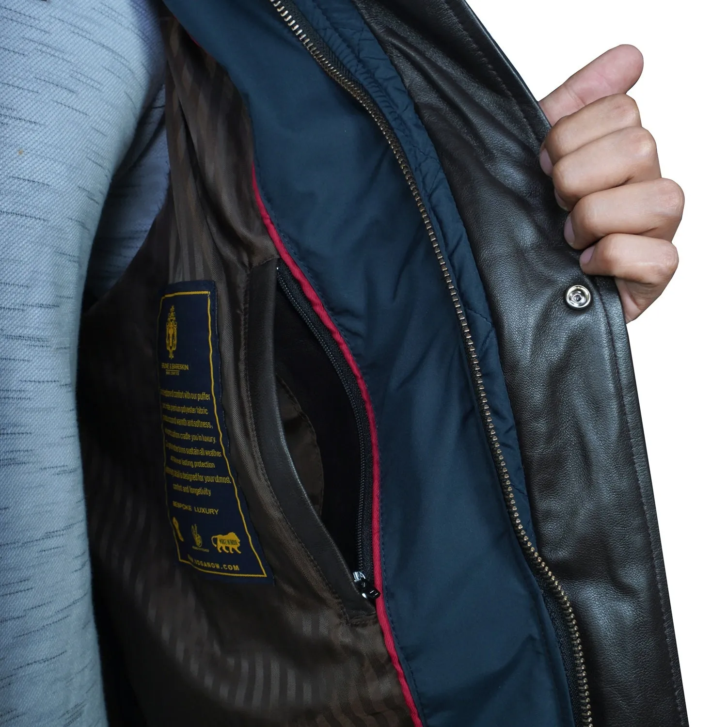 Puffer Navy Blue Vest with Dark Brown Leather Trims