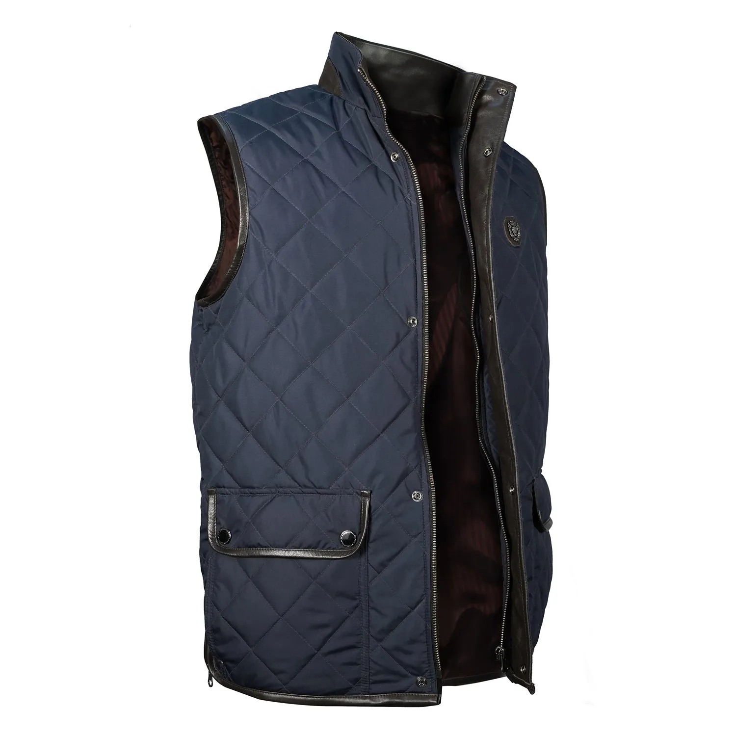 Puffer Navy Blue Vest with Dark Brown Leather Trims