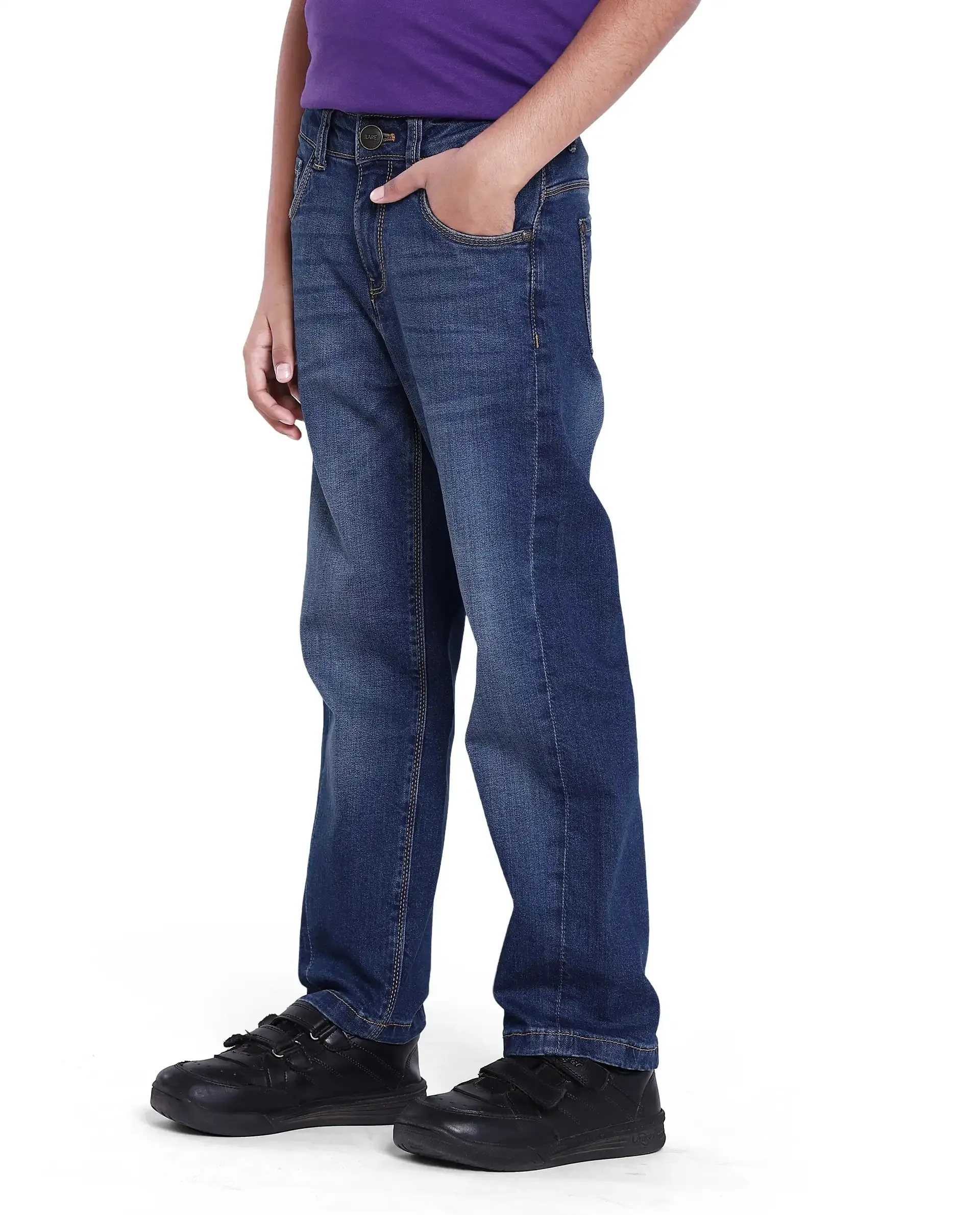 Rare Ones Kids Yosh Blue Cotton Relax Fit Solid Denim Pant